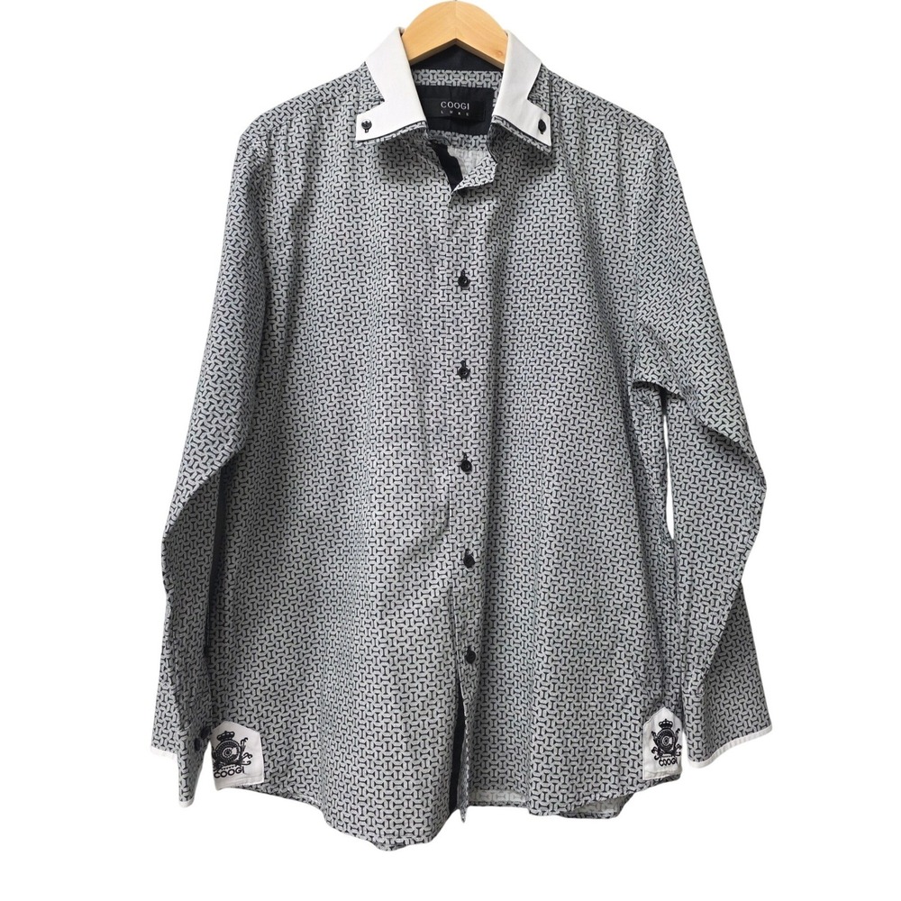 Coogi Luxe Button Front Shirt Men 2XL Black White Geometric Monogram Streetwear